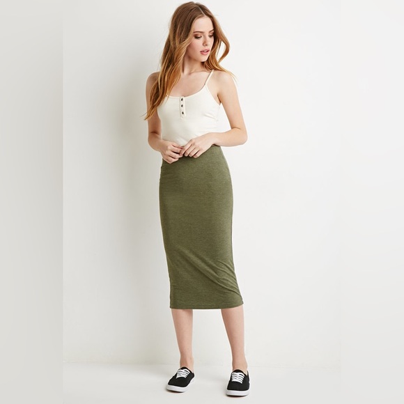 NWT Forever 21 Olive Green Midi Bodycon Skirt - Picture 1 of 1